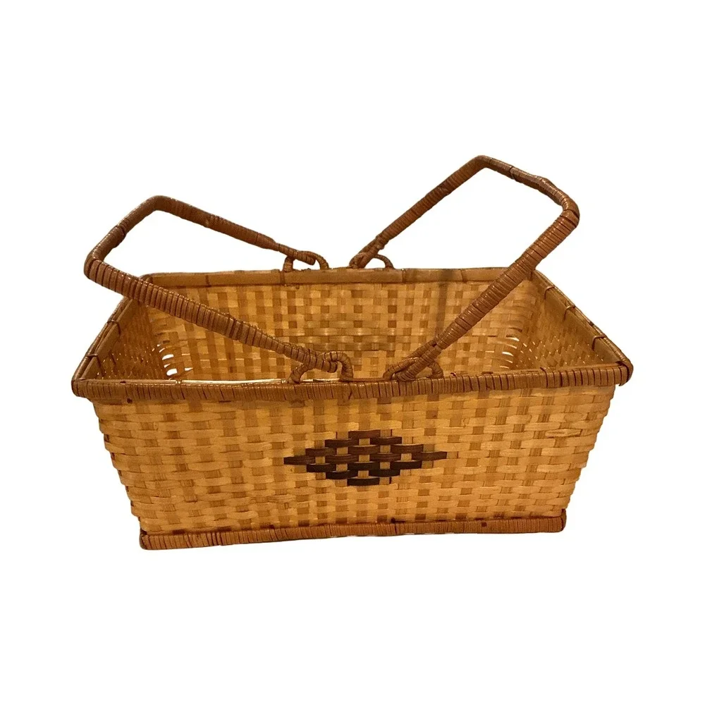 Vintage Woven Wood Splint Picnic Basket Dual Swing Handles Brown Diamond 12x9x4